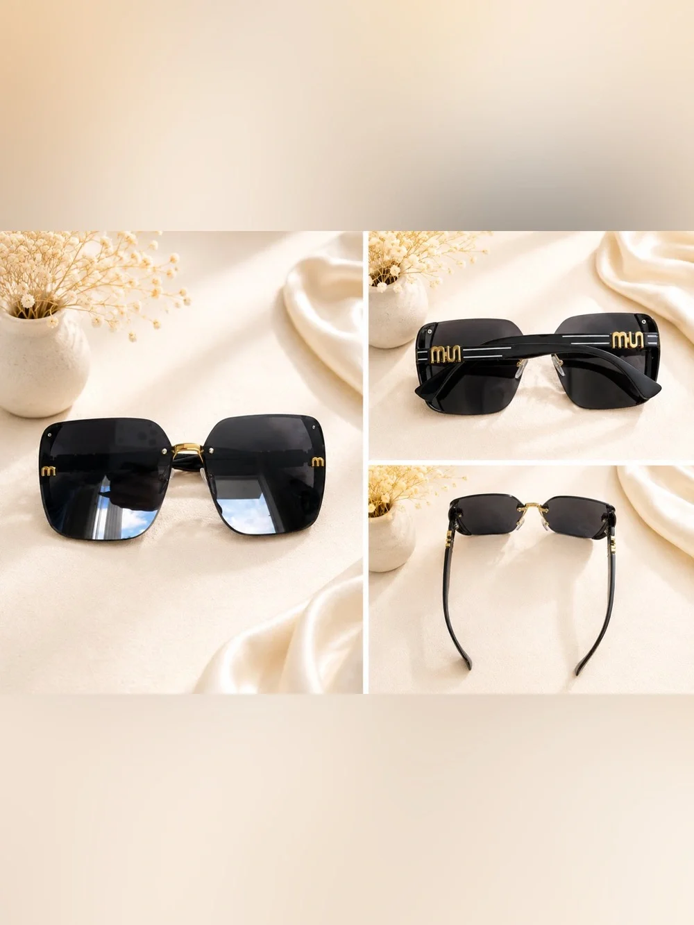 Black Oversized Square Sunglasses Gold Accent Fashion Shades
